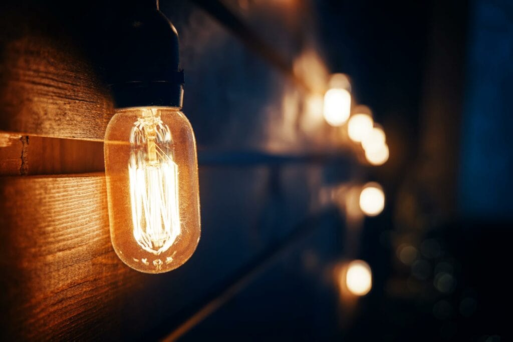 Antique Incandescent Edison Type Bulb On Wooden Wall. 