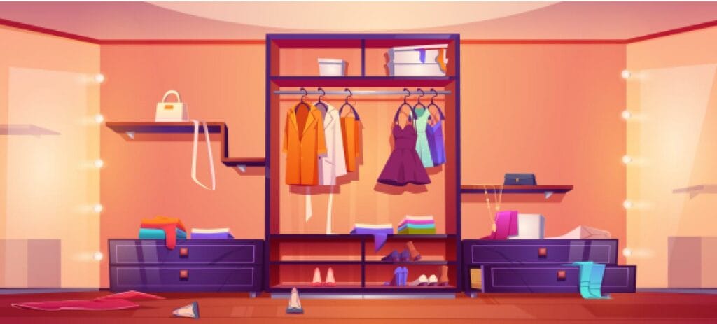 Walk In Closet With Mess, Untidy Woman Clothes