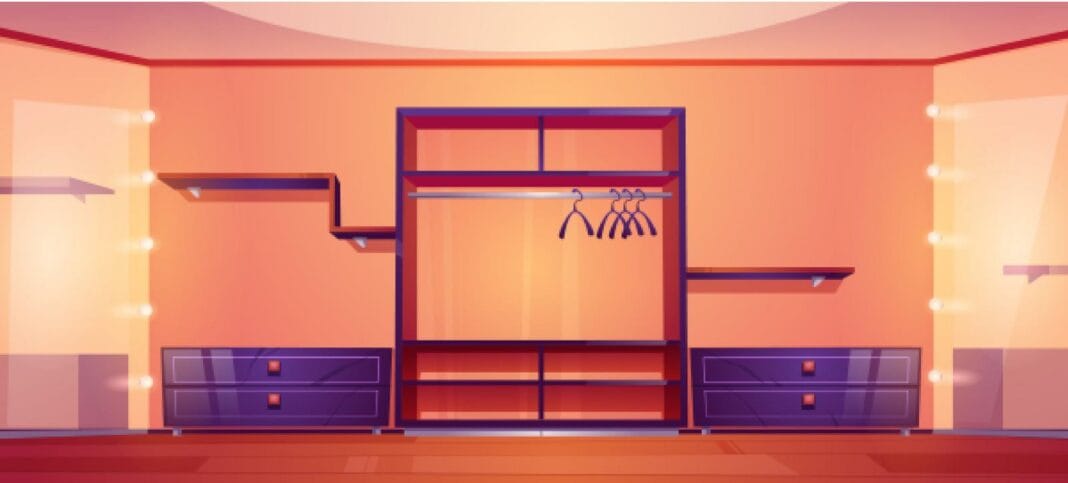 Walk In Closet With Wardrobe Shelves And Mirrors