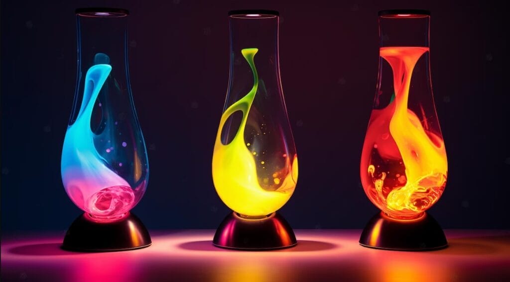Three colorful Lava lamps active all night