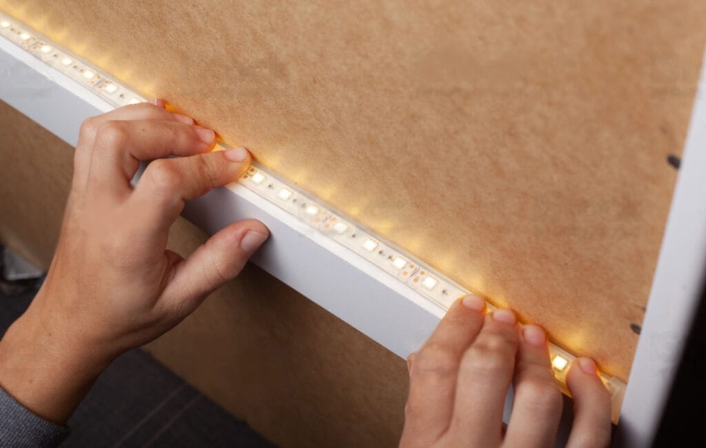 Attaching and resetting up LED light strips on corners and walls.