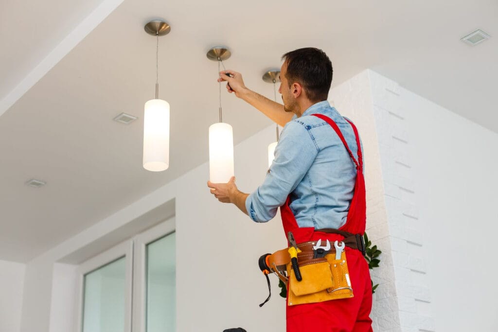 A man in a safety gears and equipment while installing the light fixture in the ceiling.
