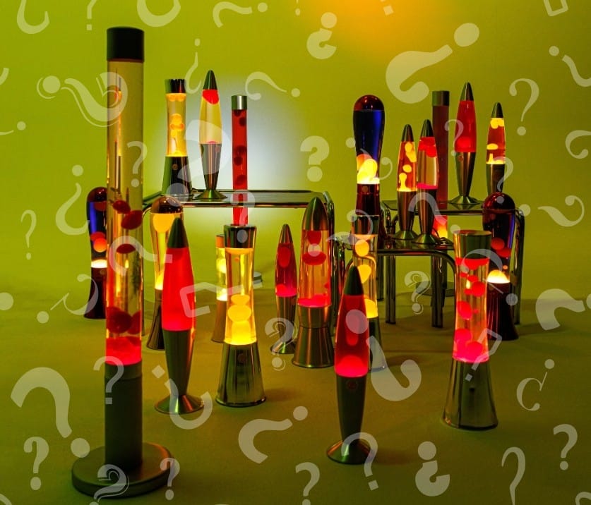 Group of lava lamps overlayed with transparent question mark icons.
