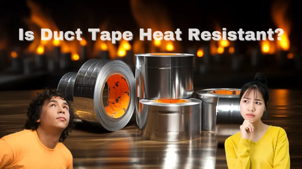 Duct tapes and in a flaming background, with two peoples and a text saying "Is Duct Tape Heat Resistant?"