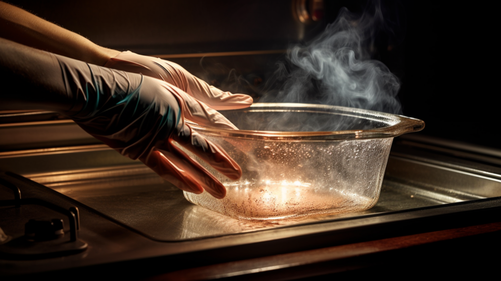 A empty glass dish being tested for heat resistance inside the oven.