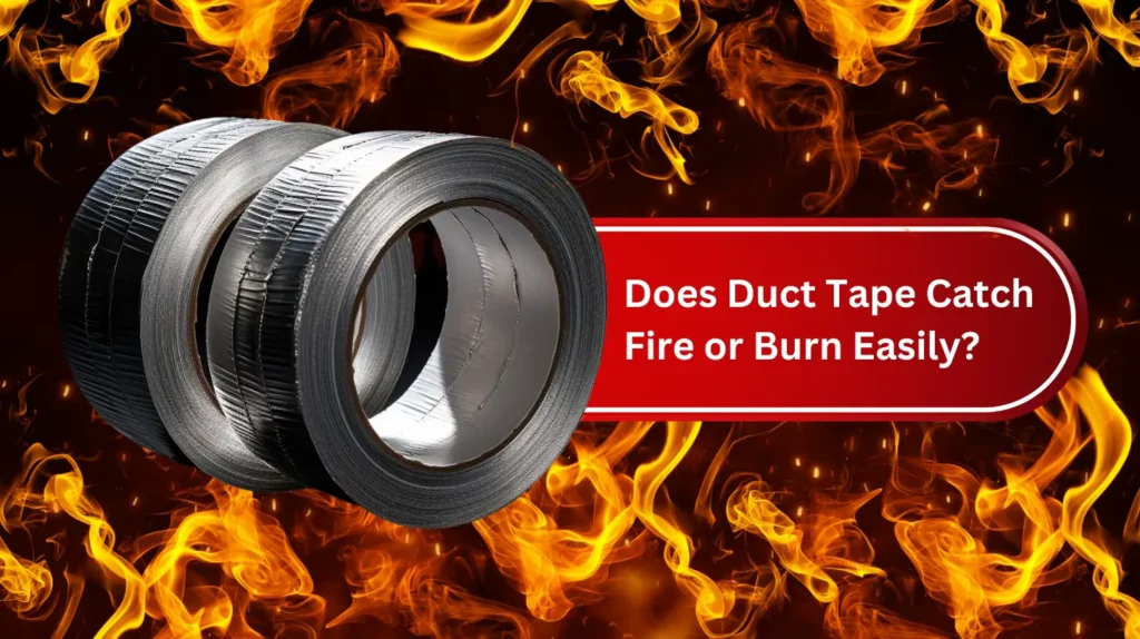A duct tape in fire and a text saying "Does Duct Tape Catch Fire or Burn Easily?"