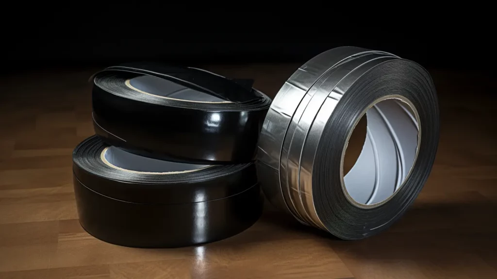 Electric tapes and duct tape placed in a brown table side by side.