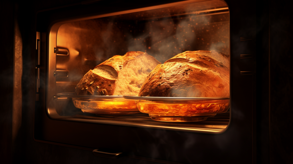 Two breads being baked in a glass dish, inside the oven.