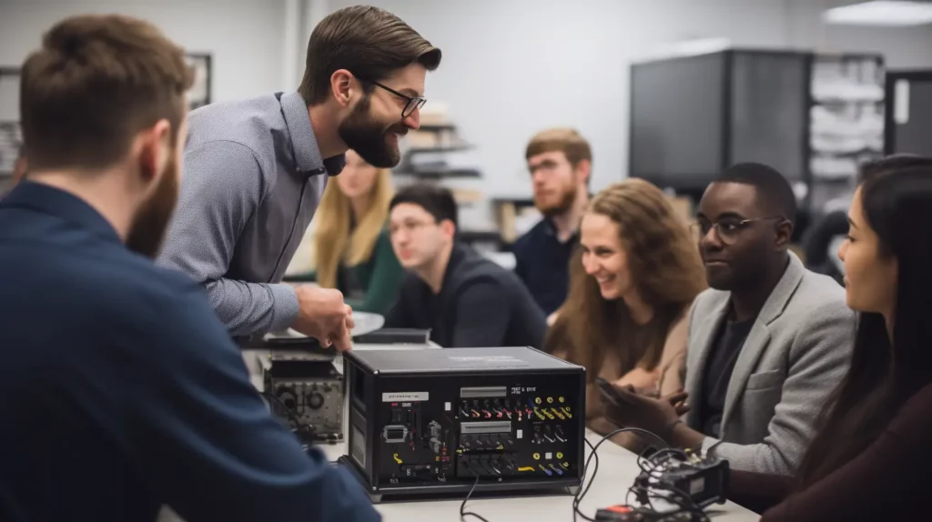 An instructor showing a black Class 2 Power Supply to his students.