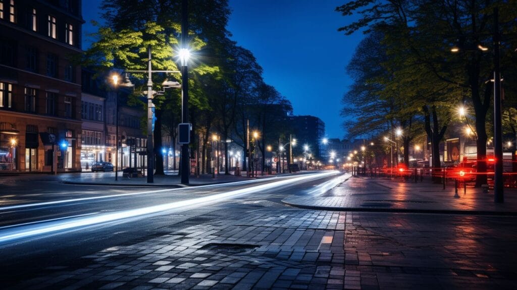 A city street at night with modern street lights.