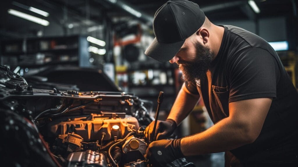 A mechanic testing car battery wattage in an auto repair shop.