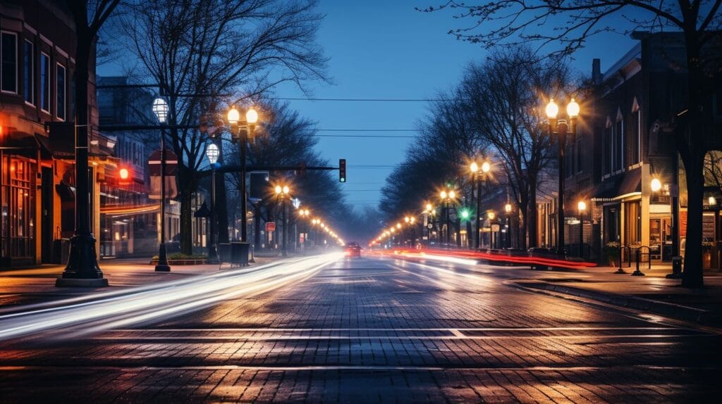 A city street at night with glowing street lights and long exposure.