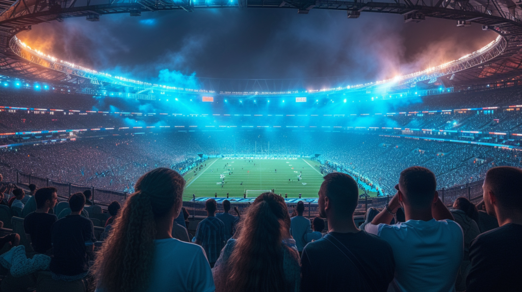 500W LED flood light, stadium at night, engineers, installation, feature highlight.