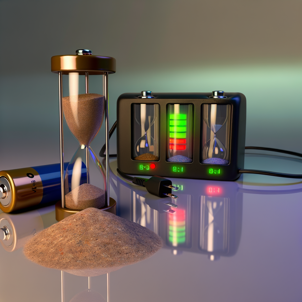 6-volt battery, charger, sand clock, charge levels.
