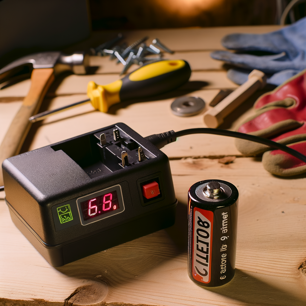 6-volt battery, charger, timer, workbench
