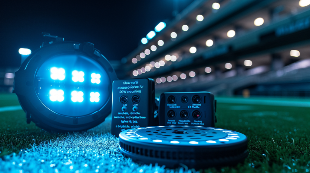 Accessories for 500W LED Flood Lights, modern stadium at night, brightly lit.