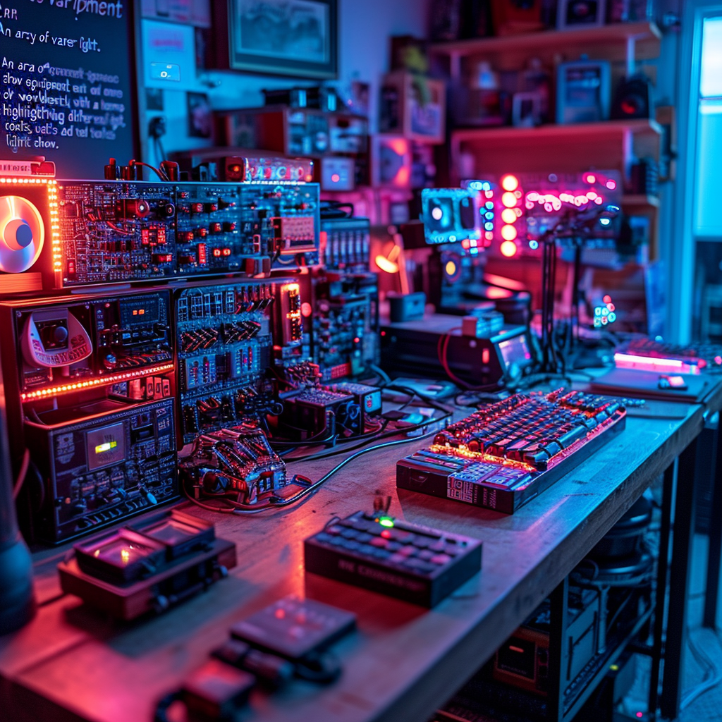 Assorted laser show equipment on DIY workbench at home.