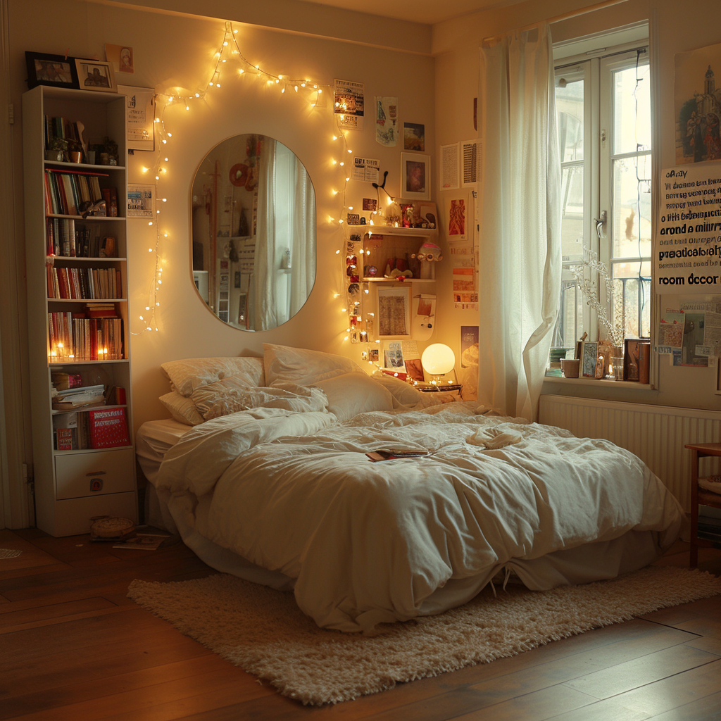 Bedroom with string lights on headboard, mirror, and bookshelf.