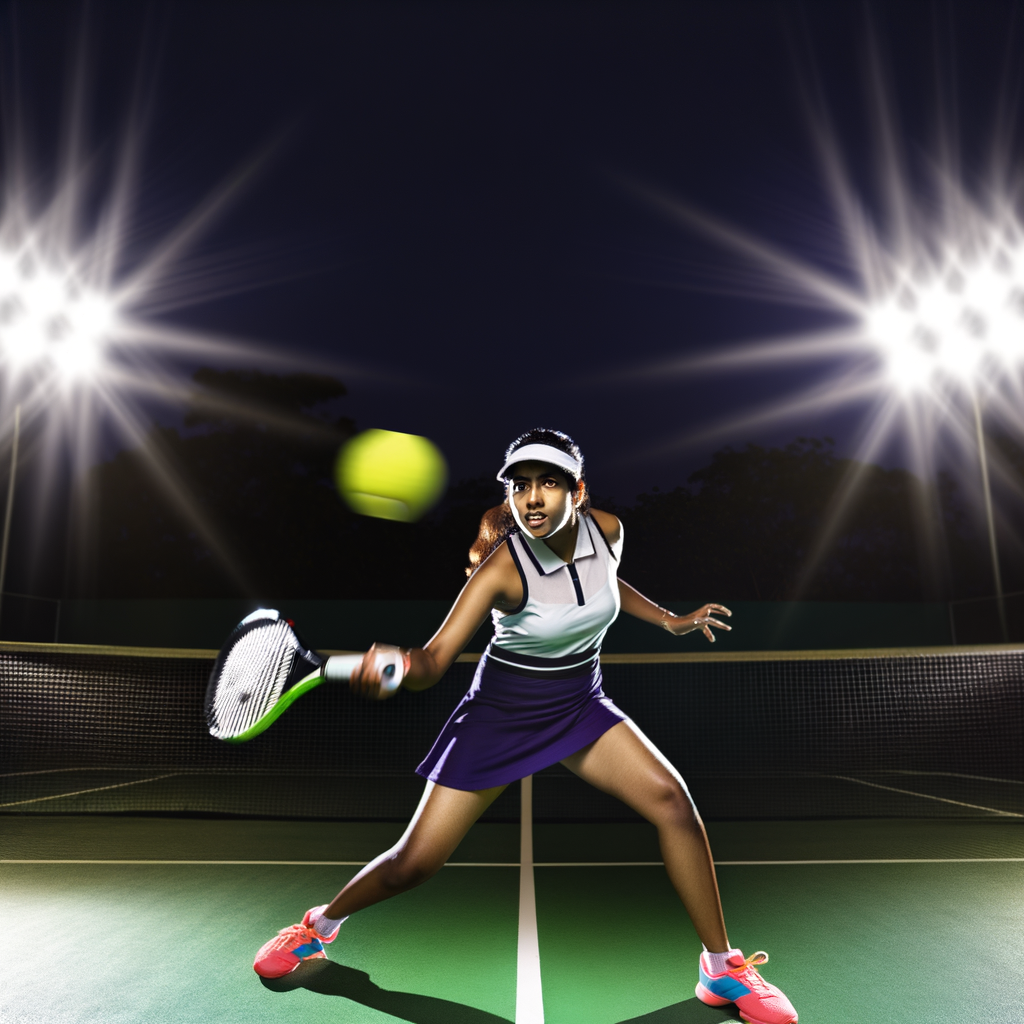 Bright LED-lit tennis court with player mid-swing