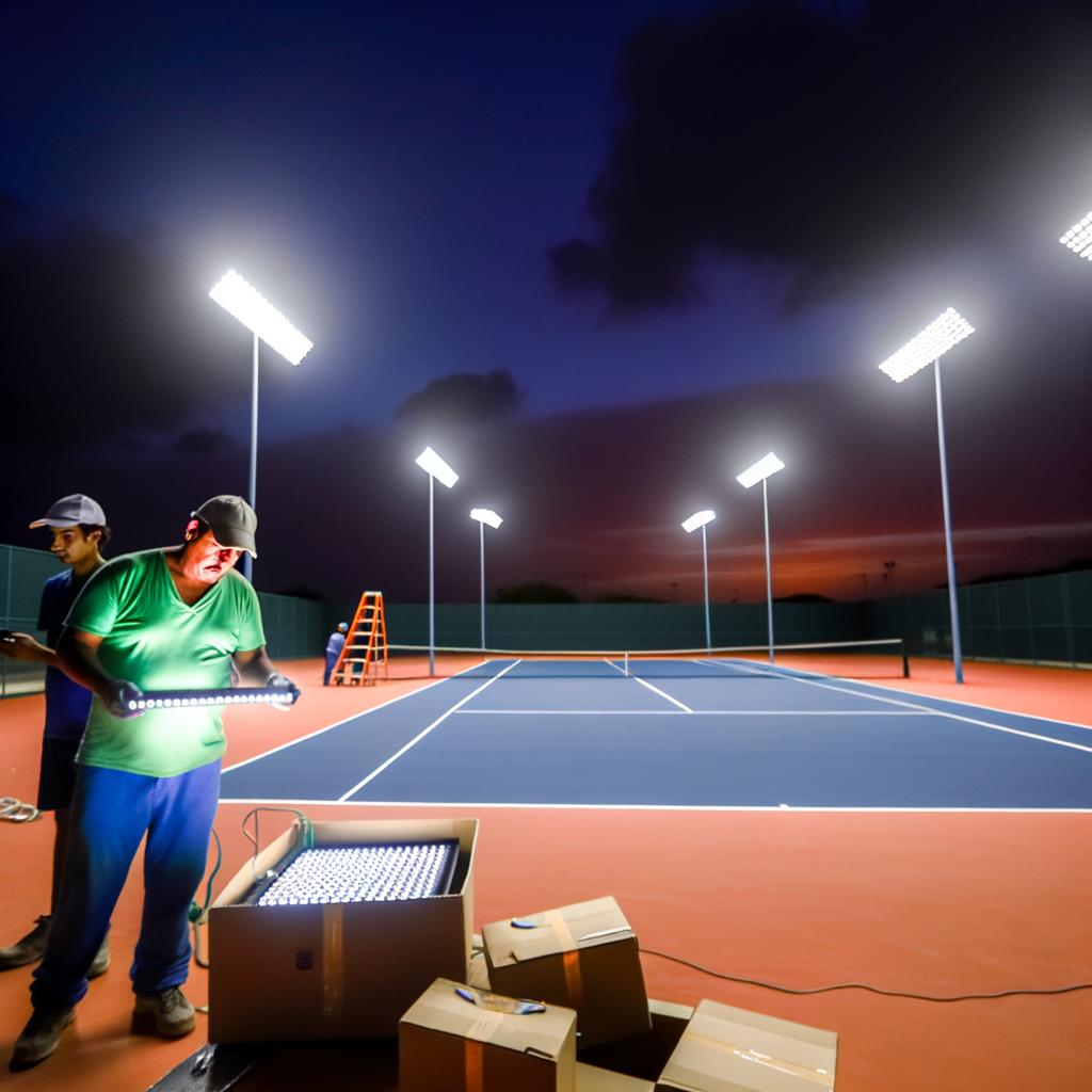 Brightly lit tennis court with men installing the lights
