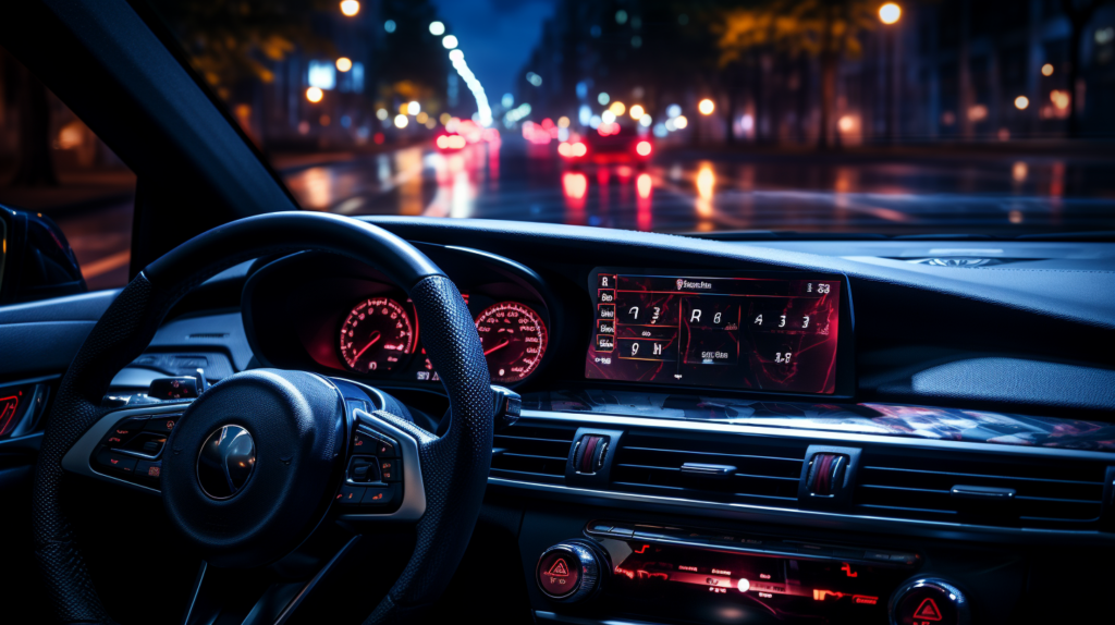 Car Lights at Night Symbol featuring  a car dashboard, headlight symbols, night road reflections