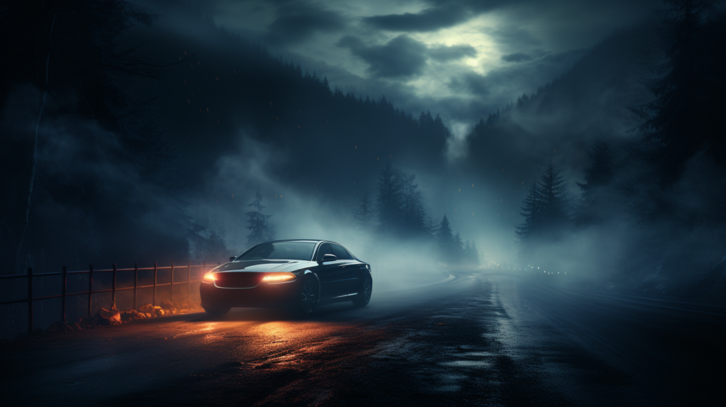 Car in fog, night, illuminated road, fog lights intensity