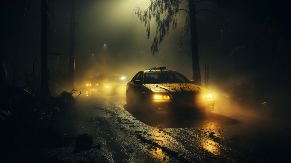 Car with yellow fog lights in dense fog at night