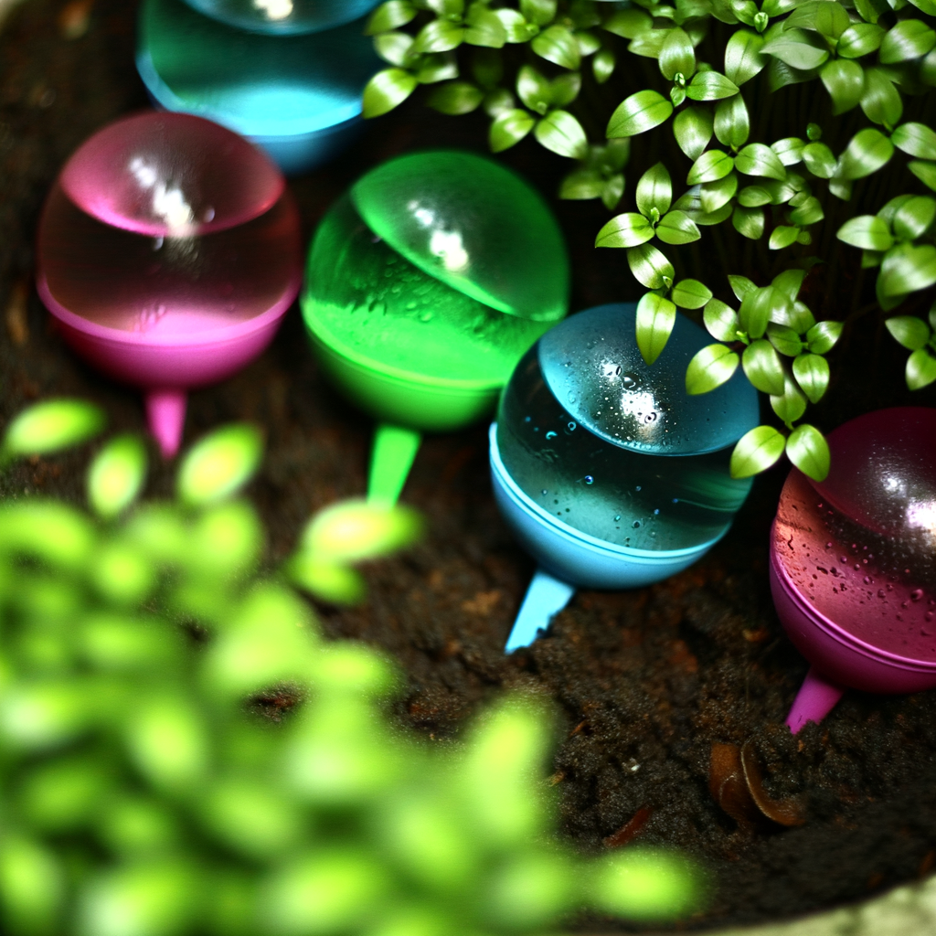 Colorful Self watering globes inserted into potted soil with plants