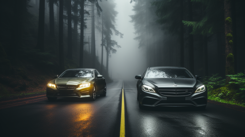 Comparison of yellow and white fog lights on a misty road
