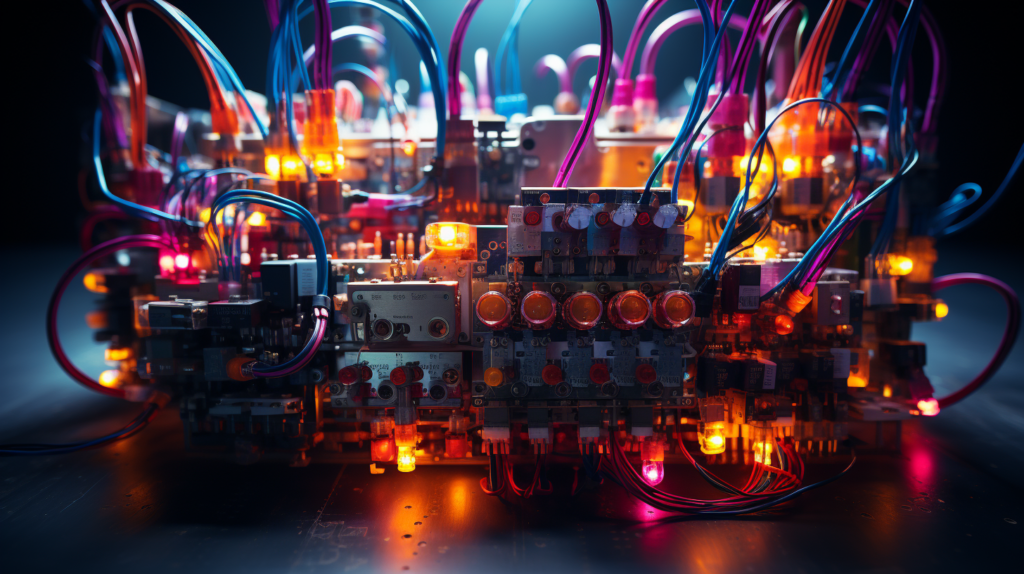 Load and Line Electrical featuring a Complex circuit board, multicolored wires, hands, tools