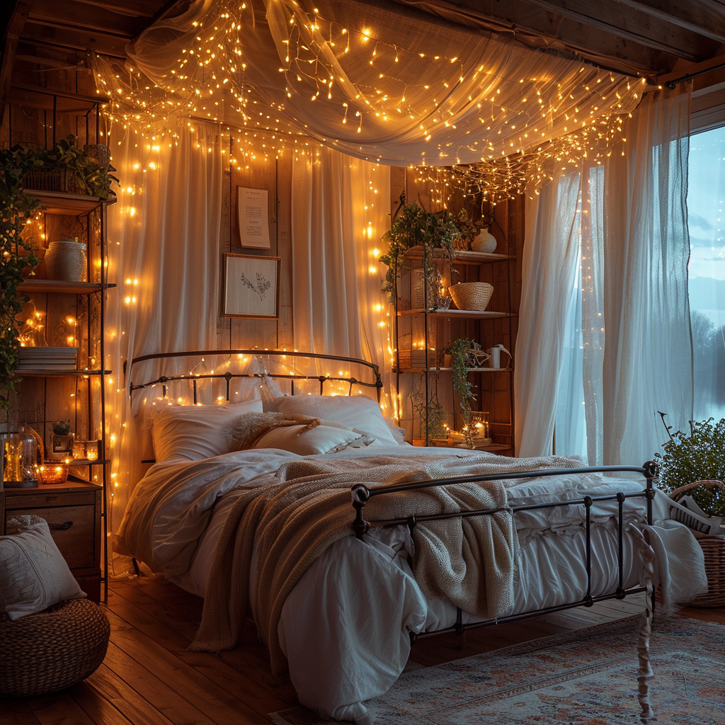 Cozy bedroom with string lights over bed, mirror, and bohemian decor