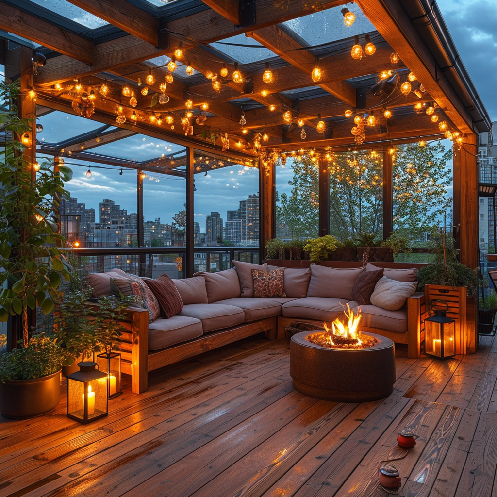 Cozy outdoor deck with fairy lights, floor lights, and fire pit at dusk