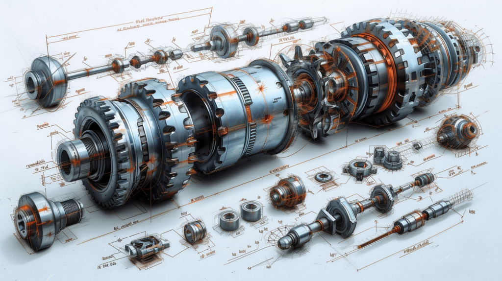 Cross-sectional view of reduction gear assembly, gear teeth and shaft detail.