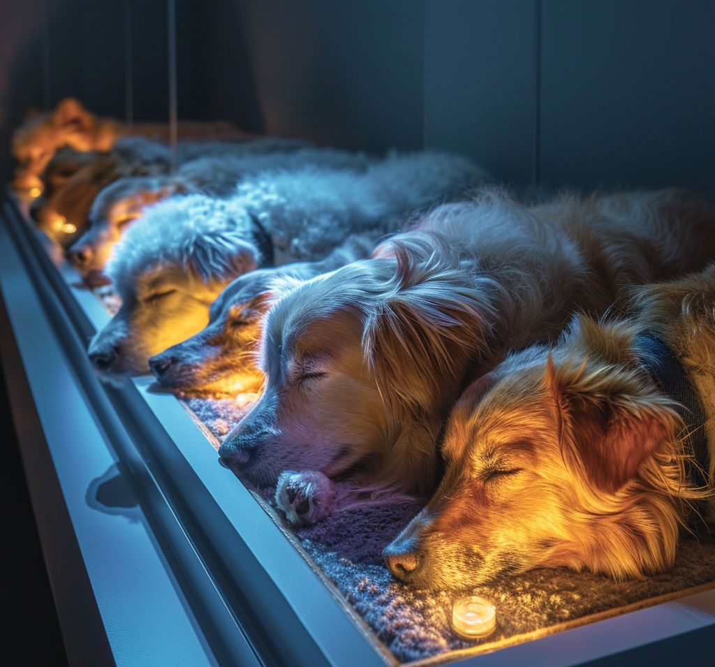Different dog breeds asleep in rooms with gentle night lights