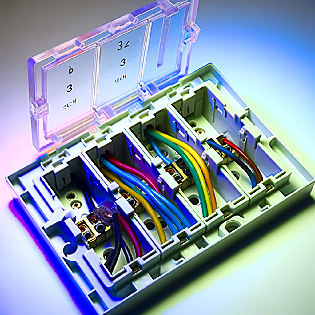 Disassembled 3-gang switch, color-coded wires, labels