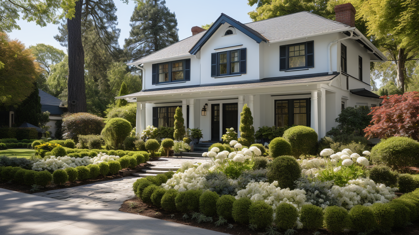 Elegant white colonial house, black trim, landscaped yard.