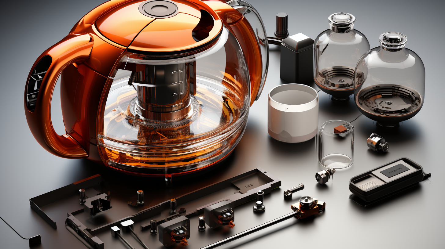 Exploded view of cordless kettle with internal components