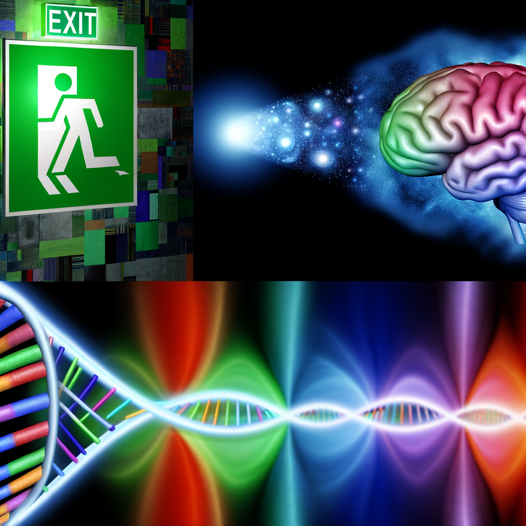 Green exit sign, brain, color spectrum, DNA strand, science theme