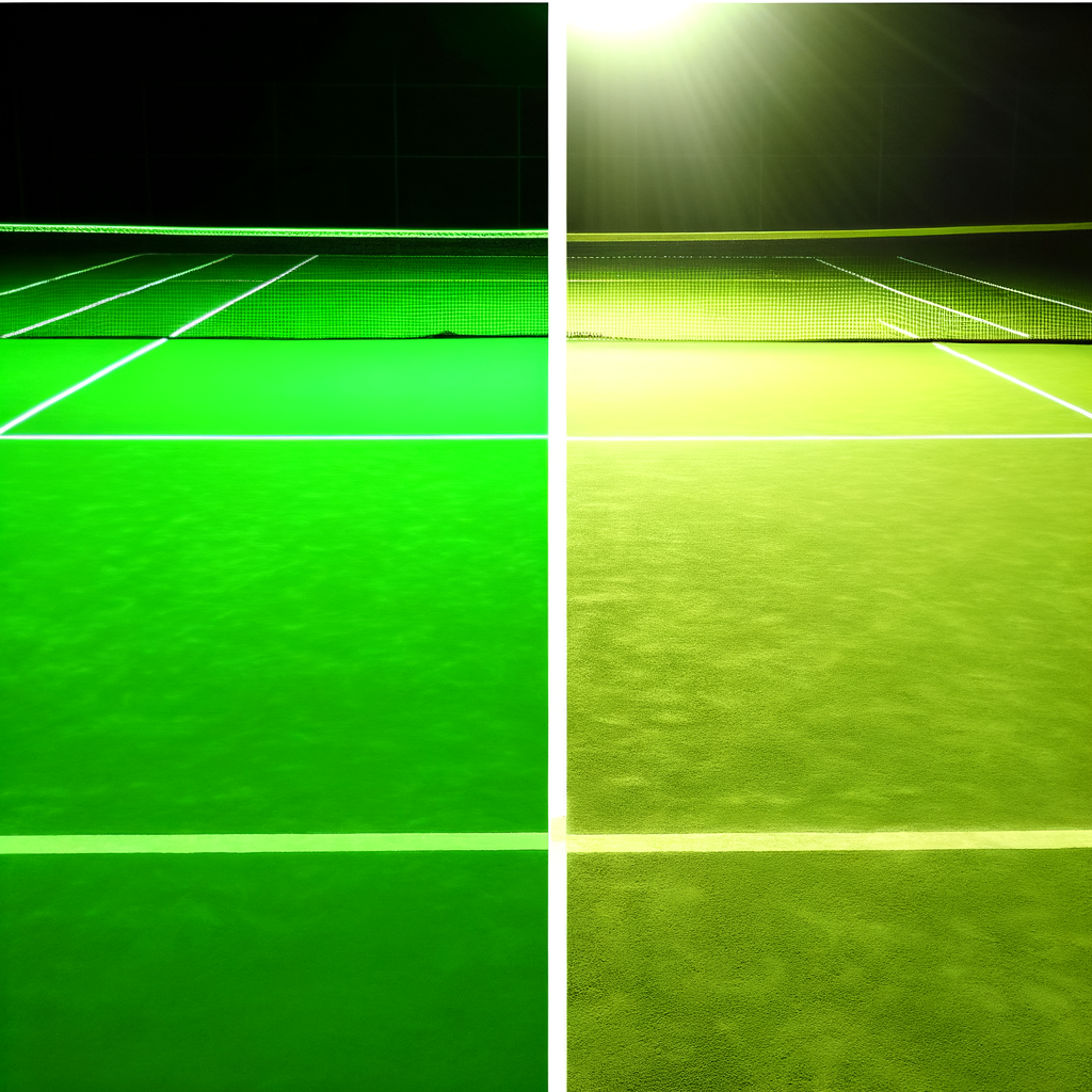 Half-lit tennis court contrasting LED and metal halide lights