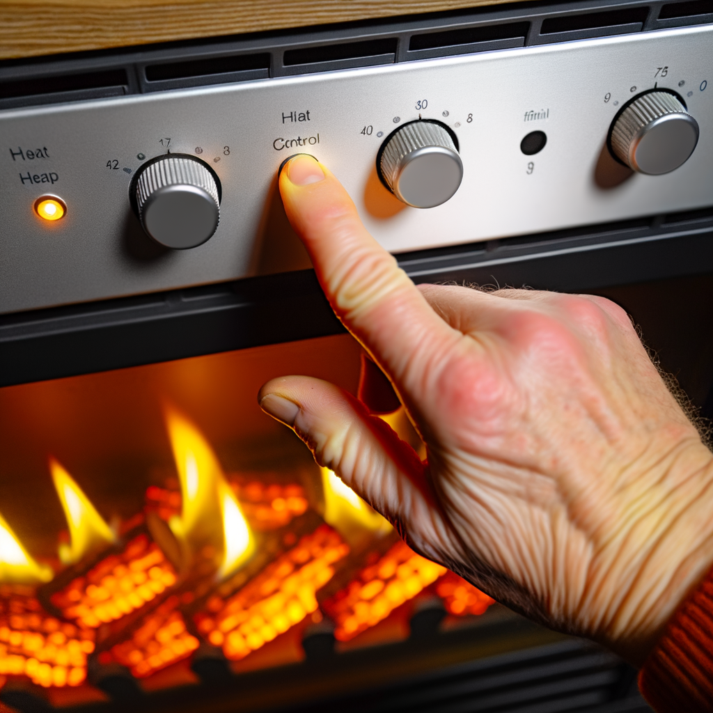 Hand adjusting gas fireplace control panel with lit pilot light