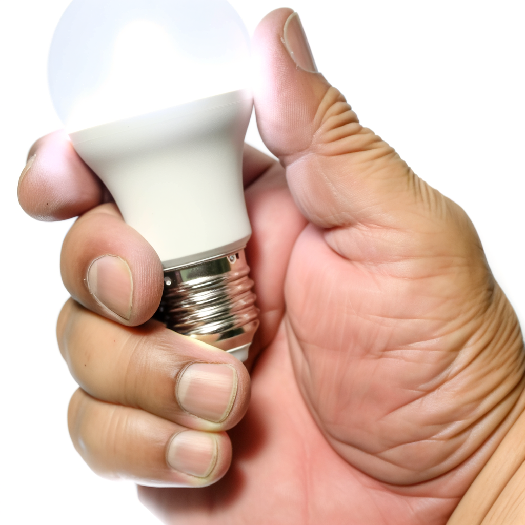 Hand holding a 20000 lumens LED bulb