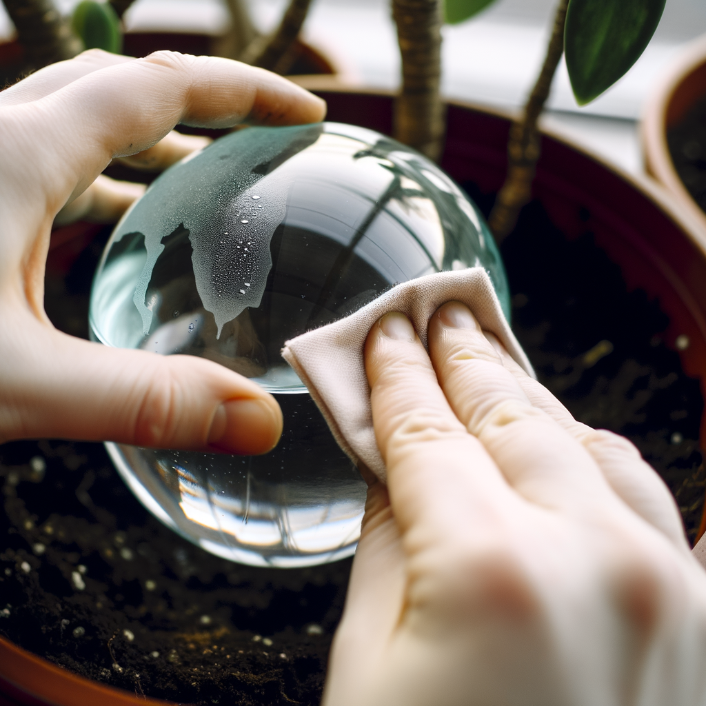 Hands cleaning glass watering globe