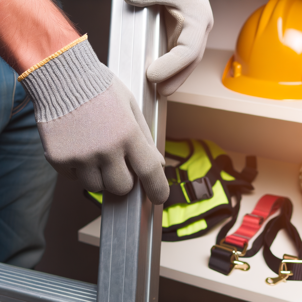 Hands with gloves holding ladder and safety gear with light cover