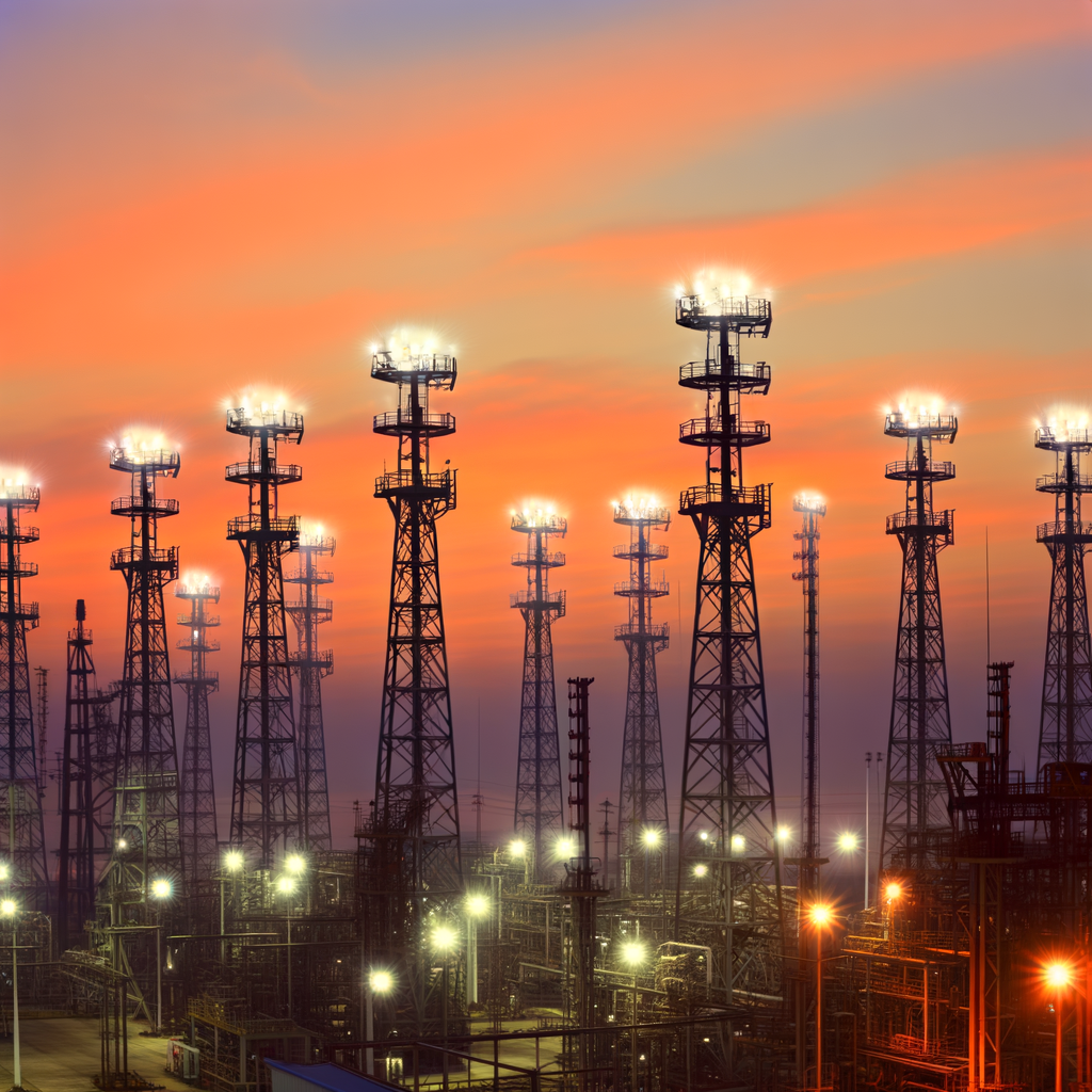 High mast lights at industrial dusk.