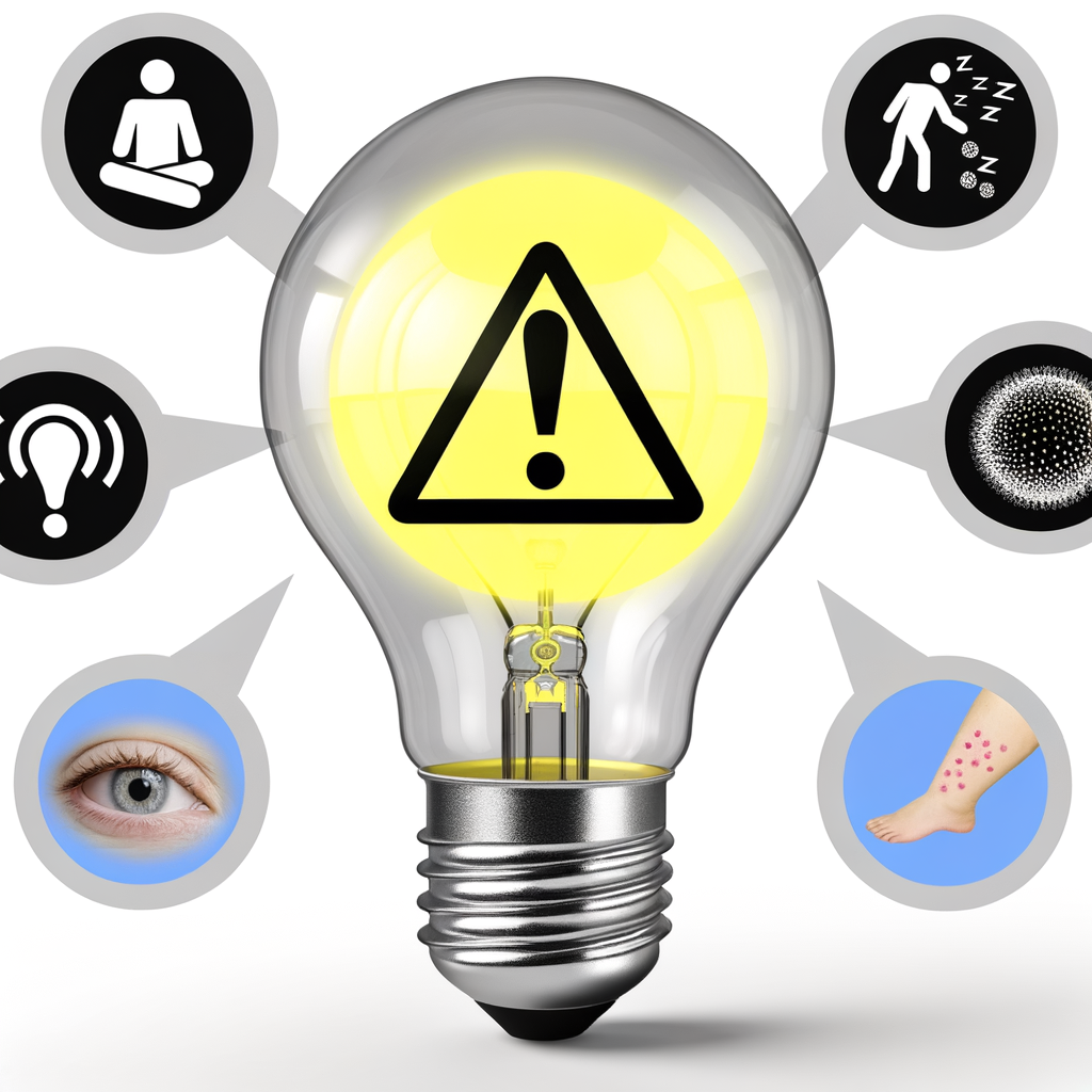 LED bulb with caution symbol and icons for eye strain, sleep issues, skin irritation.