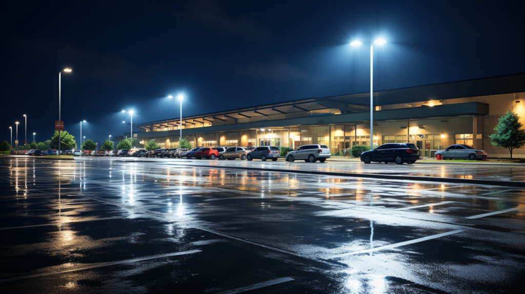 Parking Lot Lighting Standards featuring LED flood lights at night 