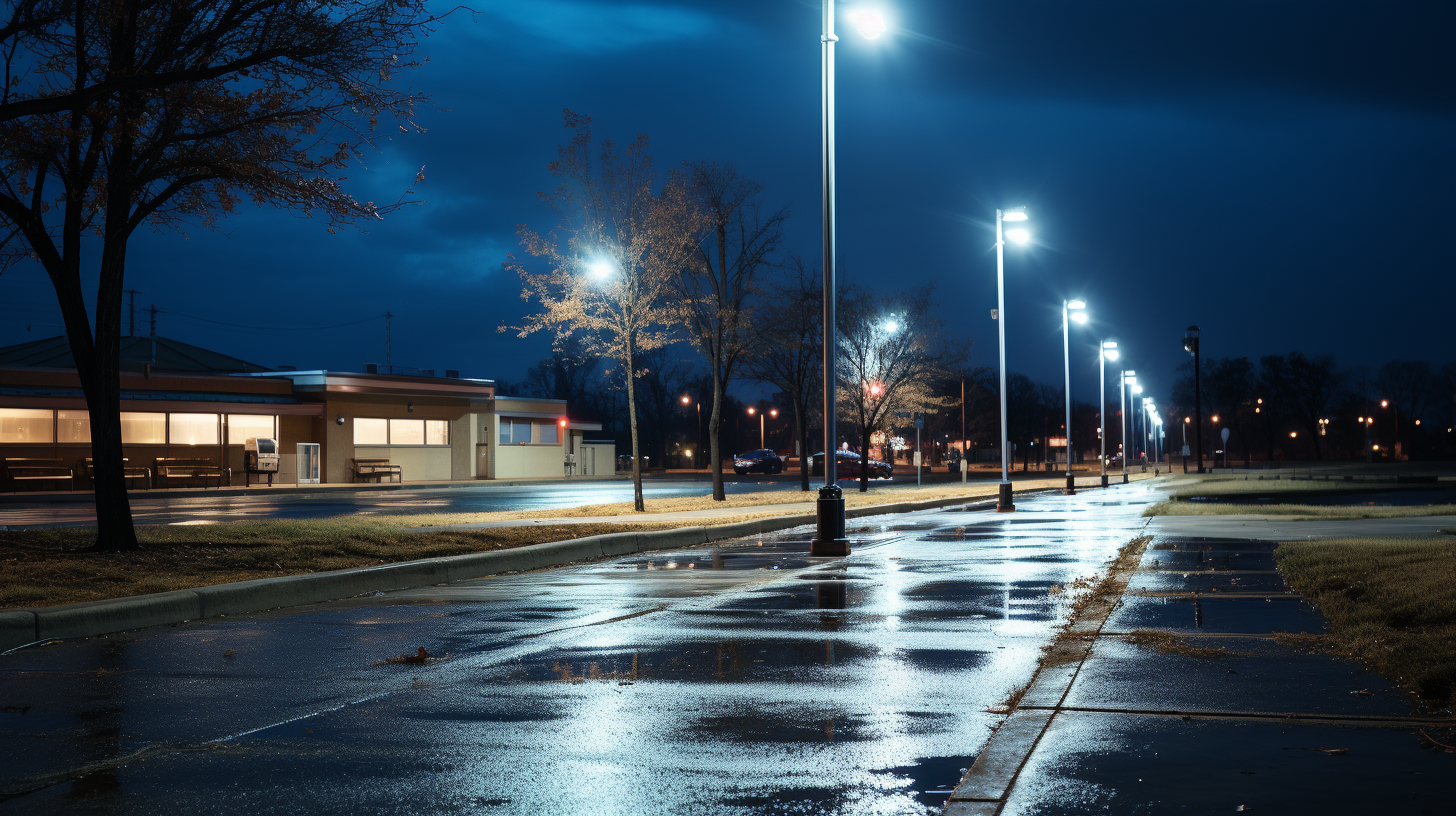 LED flood lights in parking lot at dusk with uniform illumination