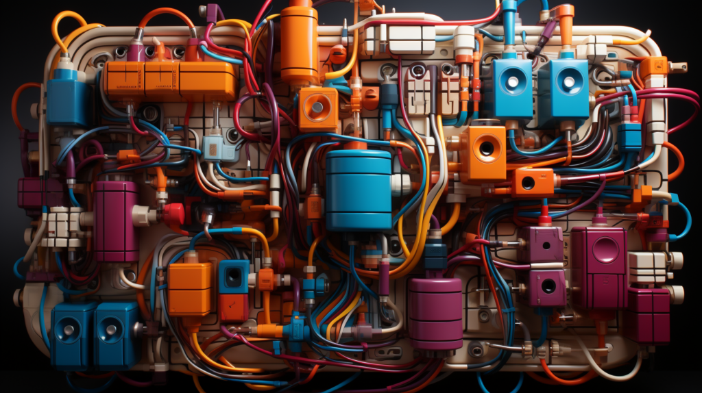 Line and load wires, electrical components, circuit breakers, outlets, switches
