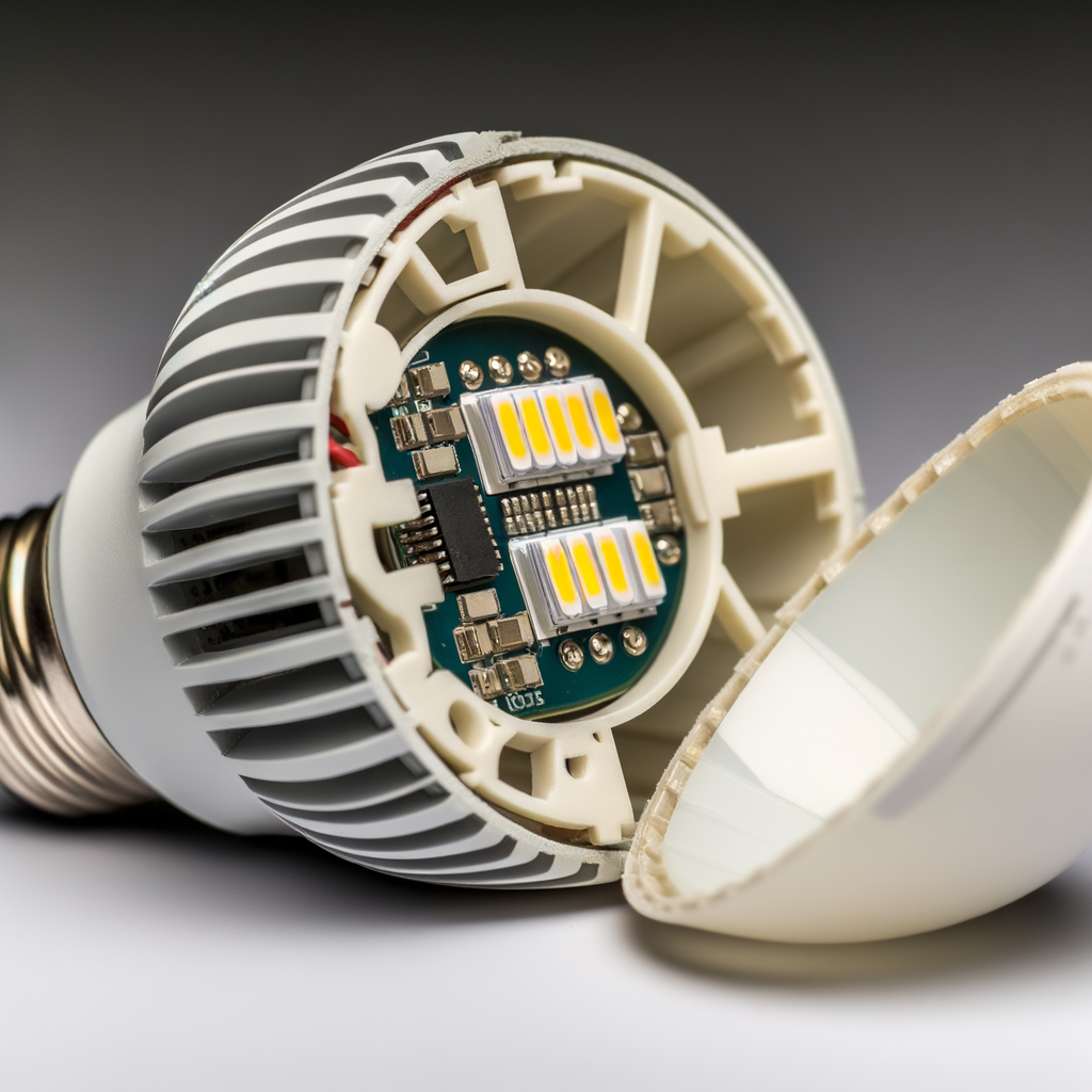 Open LED bulb with traditional ballast on circuit board.