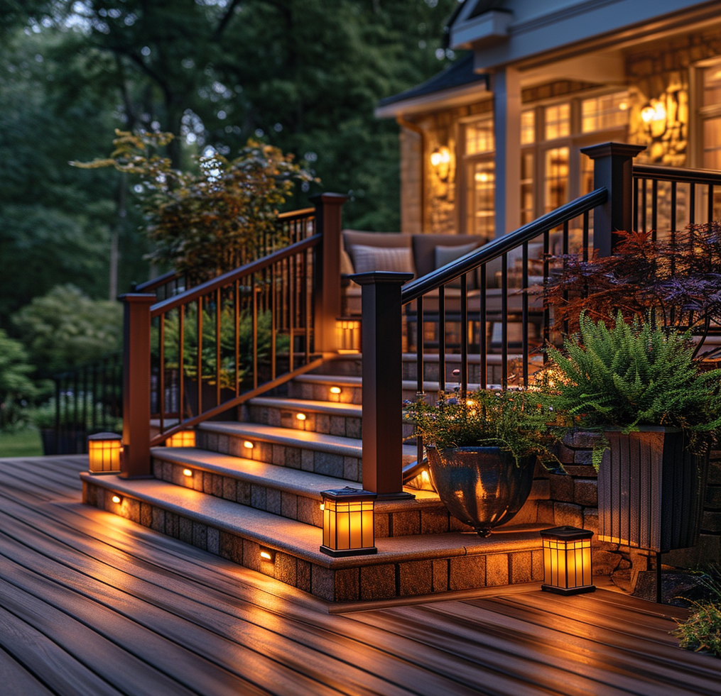 Outdoor deck at twilight with low voltage lighting on stairs, railings, and benches.